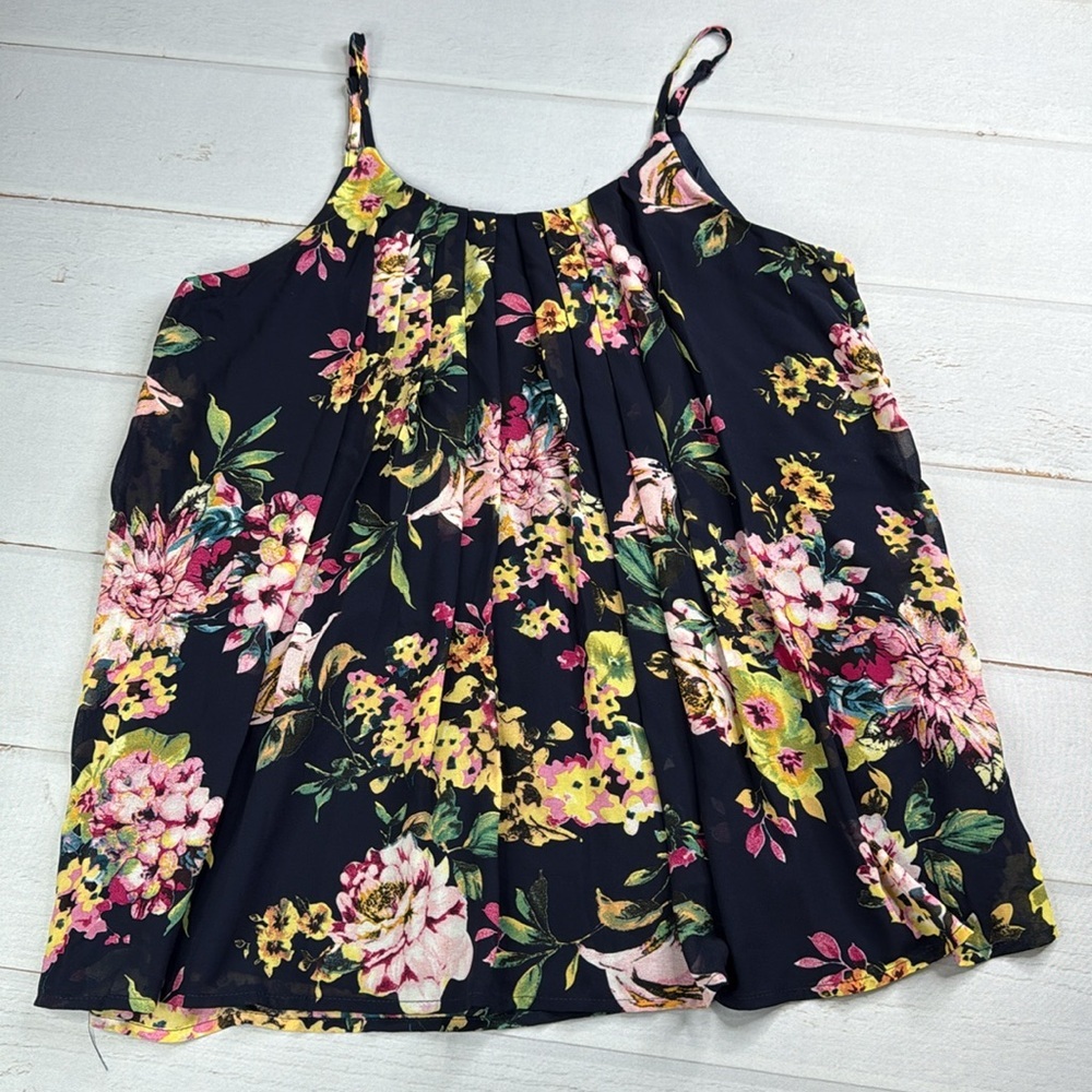 Doe & Rae Navy Blue Floral Tank Adjustable Strap Blouse Size Medium